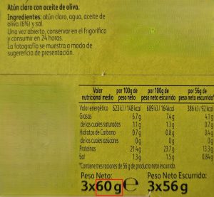 lata de atún en aceite con 60 g de peso neto